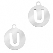 Breloques en acier inox alphabet lettre U m&eacute;daillon 10mm Argent&eacute;
