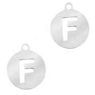 Breloques en acier inox alphabet lettre F m&eacute;daillon rond 10mm Argent&eacute;