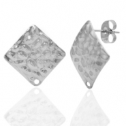 Boucles d'oreilles en acier Inox/puces d&rsquo;oreilles martel&eacute;es carr&eacute; avec anneau Argent&eacute;