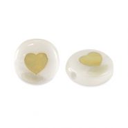 Perles en verre rondelles effet nacr&eacute; c&oelig;ur Blanc-dor&eacute;