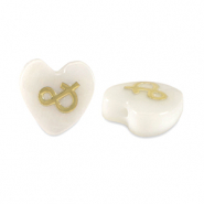 Perles en verre c&oelig;ur effet nacr&eacute; "&" Blanc-dor&eacute;