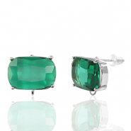 Boucles d&rsquo;oreilles / puces d&rsquo;oreilles en verre Crystal Glass avec anneau rectangle Vert-argent&eacute;