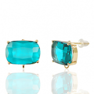 Boucles d&rsquo;oreilles / puces d&rsquo;oreilles en verre Crystal Glass avec anneau rectangle Bleu-dor&eacute;