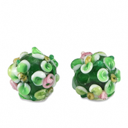 Perles en verre peintes &agrave; la main fleur Vert-blanc