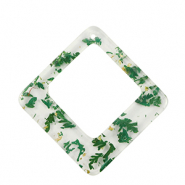 Pendentifs en r&eacute;sine avec fleurs s&eacute;ch&eacute;es losange Vert-dor&eacute;
