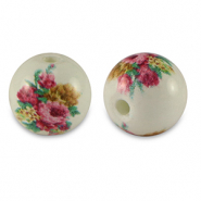 Perles en verre 8 mm fleur Blanc-rouge rose