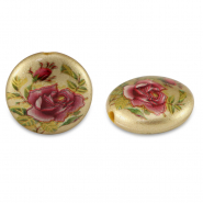 Perles en verre 14mm fleur Dor&eacute;-rouge rose