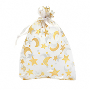 Sachet &agrave; bijoux en organza 9x12cm lune et &eacute;toile Blanc-dor&eacute;