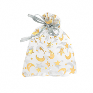 Sachet &agrave; bijoux en organza 7x9cm lune et &eacute;toile Gris clair-dor&eacute;