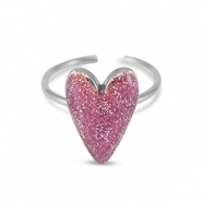 Bagues en acier inox &eacute;maill&eacute;es coeur paillet&eacute; Rose vermillo-Argent&eacute;