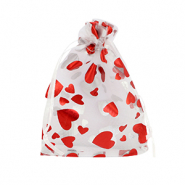 Sachet &agrave; bijoux en organza 9x12cm coeur Blanc-rouge