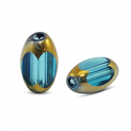 Perles en verre ovale &agrave; facettes Bleu transparent-dor&eacute;