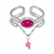 Bagues en acier Inox avec pierre naturelle Argent&eacute;-rose magenta