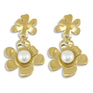 Boucles d'oreilles / puces en acier Inox fleur avec imitations perles Dor&eacute;