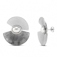Boucles d'oreilles / puces en acier Inox &eacute;ventail avec imitations perles Argent&eacute;