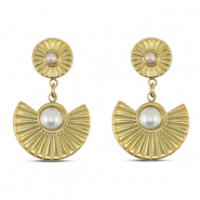 Boucles d'oreilles / puces en acier Inox &eacute;ventail avec imitations perles Dor&eacute;