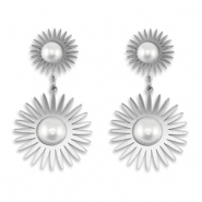 Boucles d'oreilles / puces en acier Inox soleil avec imitations perles Argent&eacute;