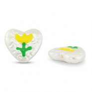 Perles acryliques coeur avec fleur Perle-jaune-vert