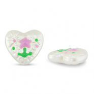 Perles acryliques coeur avec fleur Perle-lilas rose-vert