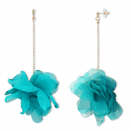 Boucles d'oreilles tendance fleur en mousseline Vert sarcelle-dor&eacute;