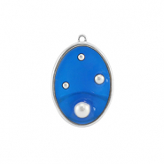 Pendentifs en r&eacute;sine ovale avec perles Argent&eacute;-bleu-blanc