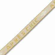 Ruban texte "Apr&egrave;s chic" Beige sable-dor&eacute;-blanc