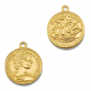 Breloques en acier Inox monnaie avec bateau/visage Dor&eacute;