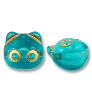 Perles acryliques chat Bleu sarcelle-dor&eacute;
