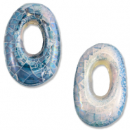 Perles en c&eacute;ramique DQ grecque ovale mosa&iuml;que Bleu vif-blanc cass&eacute;-lilac