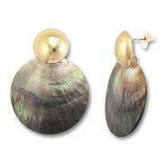 Boucles d'oreilles en coquille accroche-regard rond Blanc (couleur naturelle)-marron-dor&eacute;