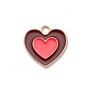 Breloques en m&eacute;tal &eacute;maill&eacute;e c&oelig;ur Dor&eacute;-marron-rouge corail