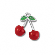 Breloques en acier Inox cerises Argent&eacute;-rouge-vert