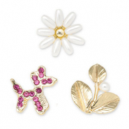 Pins chien ballon / fleur / feuille Dor&eacute;-rose fonc&eacute;-blanc