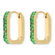 Boucles d'oreilles / cr&eacute;oles en acier Inox rectangle avec strass Dor&eacute;-vert