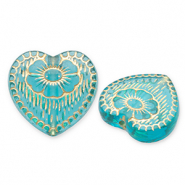 Perles acryliques c&oelig;ur avec fleur Bleu sarcelle-dor&eacute;