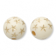 Perles acryliques 10 mm rond avec &eacute;toiles Blanc cass&eacute;-dor&eacute;