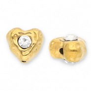 Perles en acier Inox coeur avec strass Dor&eacute;-transparent