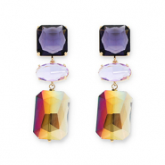 Boucles d&rsquo;oreilles / puces d&rsquo;oreilles en verre de cristal carr&eacute;-ovale-rectangle Violet fonc&eacute;-lavande-beige sable fum&eacute; AB coating