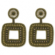 Boucles d'oreilles tendance avec perles en verre carr&eacute; Vert olive