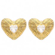 Boucles d'oreilles / puces en acier Inox coeur Dor&eacute;-cristal