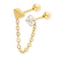 Piercing d&rsquo;oreilles en acier Inox coeur avec cha&icirc;ne & strass Dor&eacute;-cristal