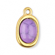 Breloques en acier Inox ovale avec pierre naturelle howlite Dor&eacute;-violet