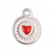 Breloques en acier Inox rond avec c&oelig;ur Argent&eacute;-rouge-rose clair