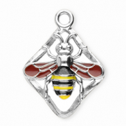 Breloques en acier Inox losange avec abeille Argent&eacute;-rouge rouille-jaune-noir