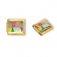 Appr&ecirc;ts en acier inox breloques pour bracelet italien "Be happy" Dor&eacute;-multicolore