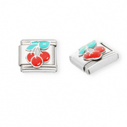 Appr&ecirc;ts en acier inox breloques pour bracelet italien cerises Argent&eacute;-rouge-vert