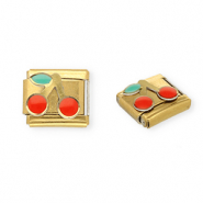 Appr&ecirc;ts en acier inox breloques pour bracelet italien cerises Dor&eacute;-rouge-vert