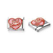 Appr&ecirc;ts en acier inox breloques pour bracelet italien c&oelig;ur "Girl power" Argent&eacute;-rose-rouge