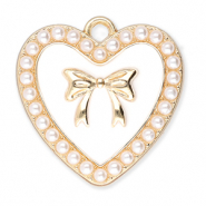 Breloques en m&eacute;tal coeur avec perles et n&oelig;ud Dor&eacute;-blanc