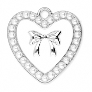 Breloques en m&eacute;tal coeur avec perles et n&oelig;ud Argent&eacute;-blanc